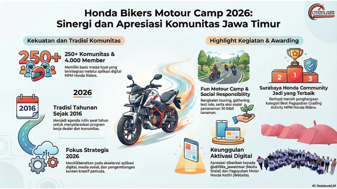 Infografis Honda Bikers Motour Camp 2026 Otoplasa Sinergi dan Apresiasi Komunitas Jawa Timur